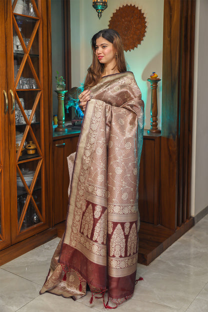 Brown Pashmina Kora Silk Saree