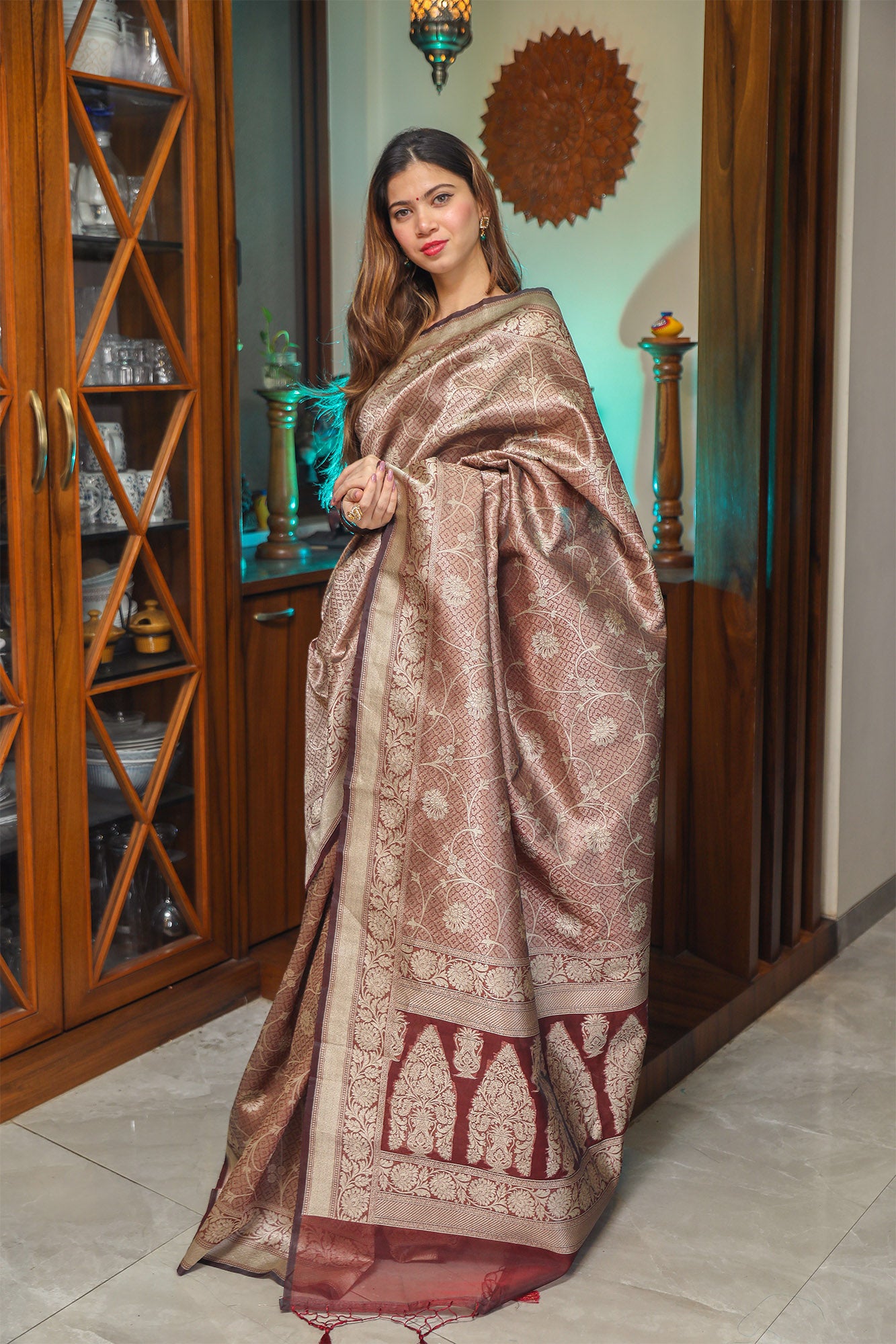 Brown Pashmina Kora Silk Saree