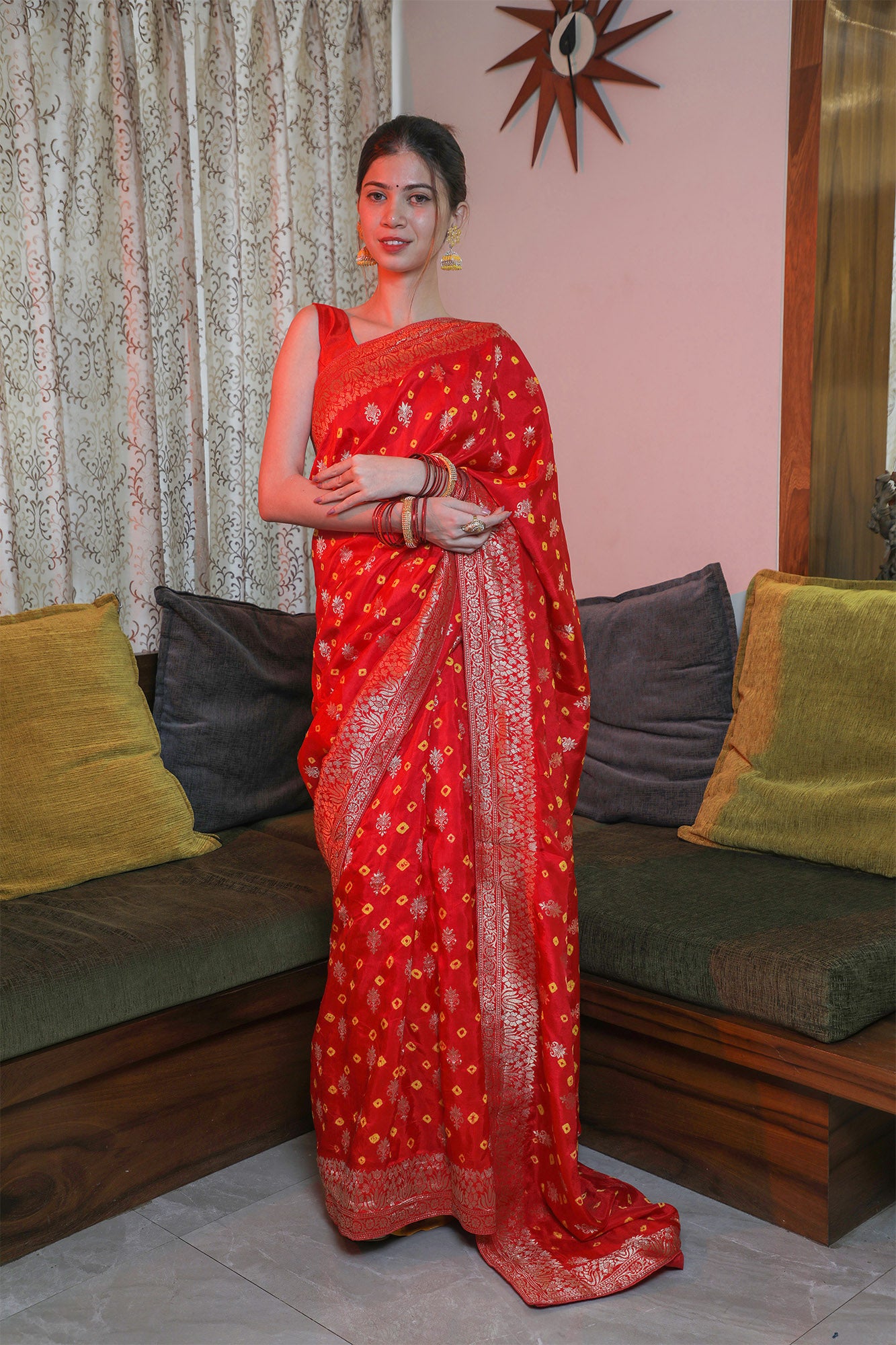 Red Kutchi Silk Bandhani Saree