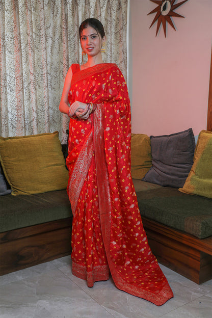 Red Kutchi Silk Bandhani Saree