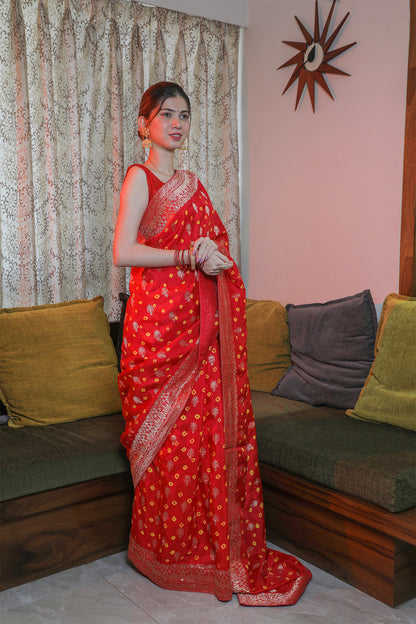 Red Kutchi Silk Bandhani Saree