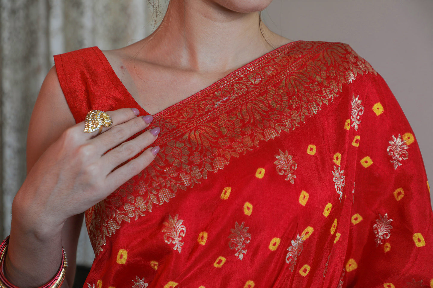 Red Kutchi Silk Bandhani Saree