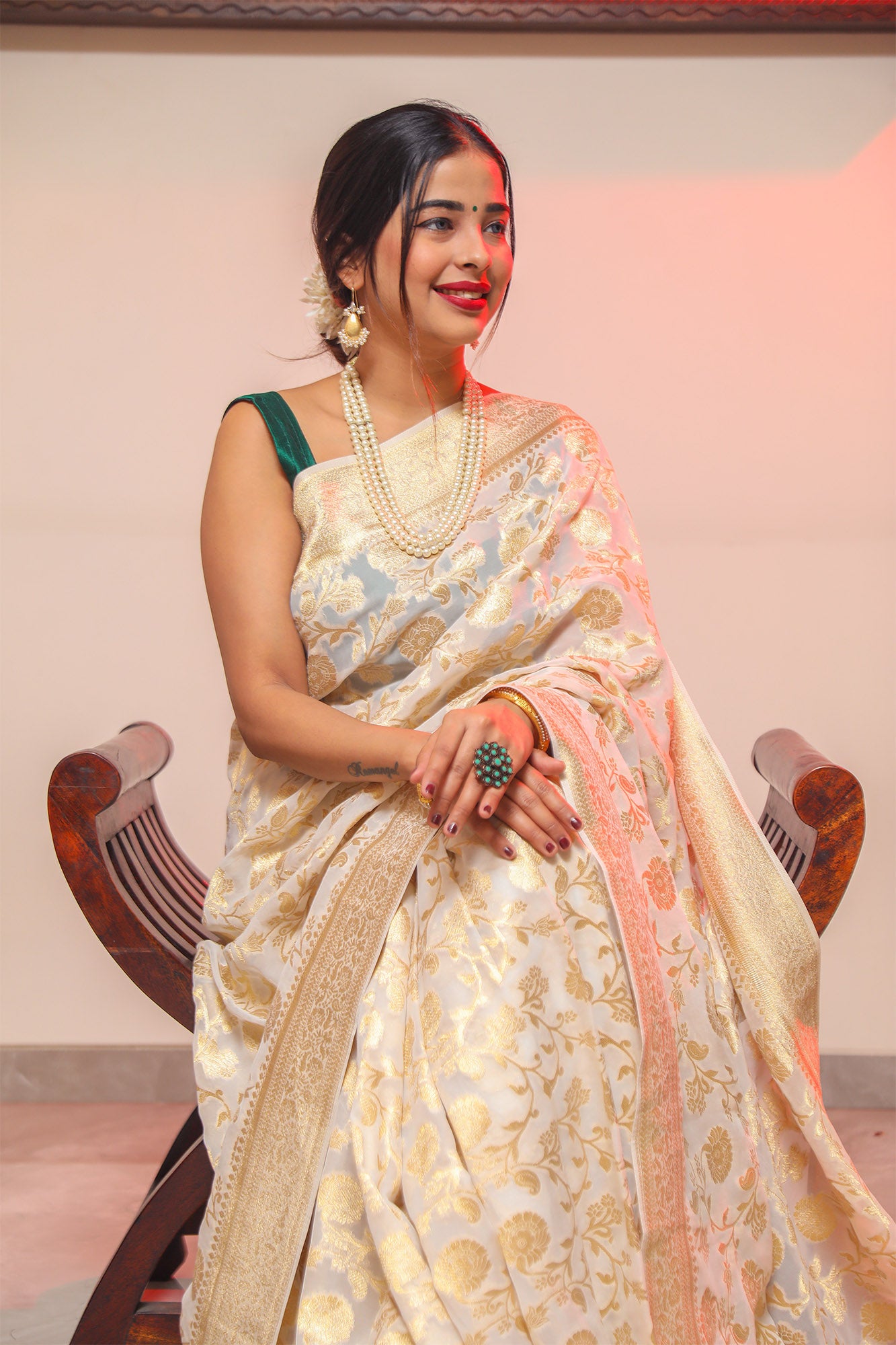 Creamy White Banarasi Georgette Silk Saree