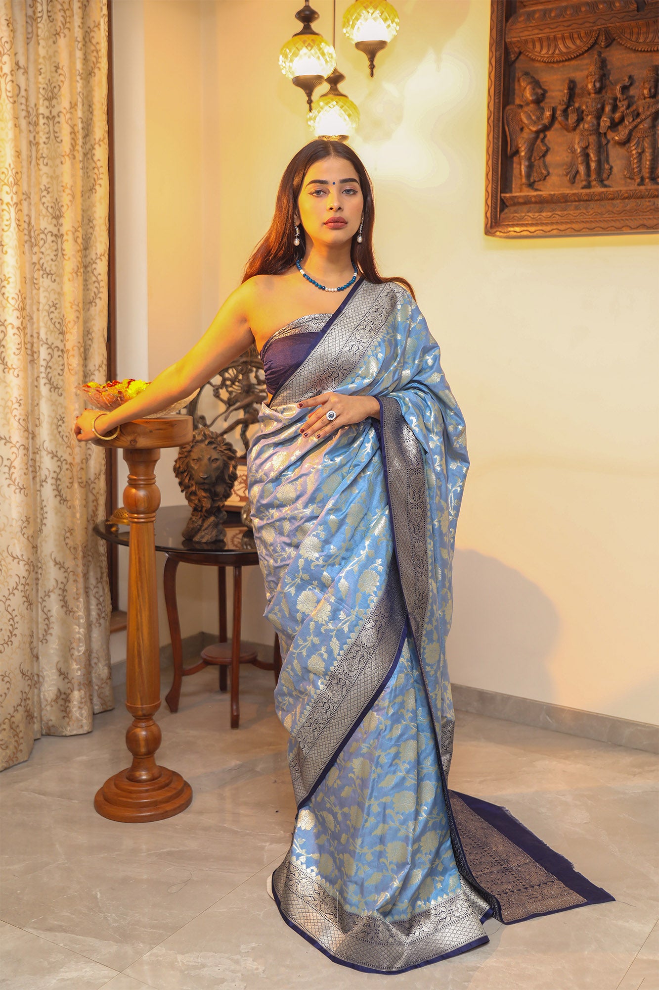 Lilac and Blue Katan Banarasi Silk Saree