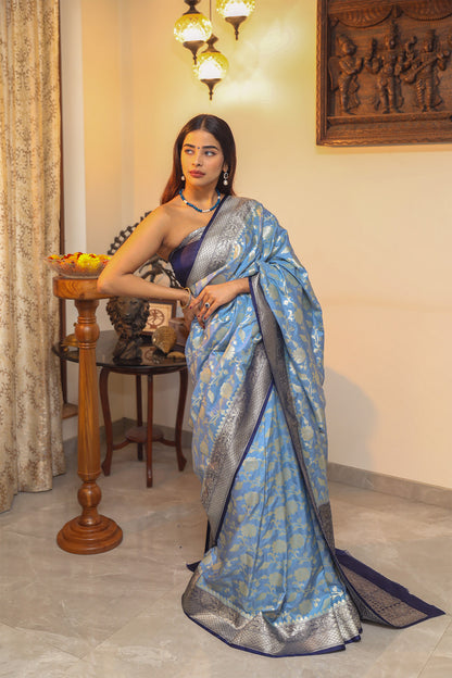 Lilac and Blue Katan Banarasi Silk Saree