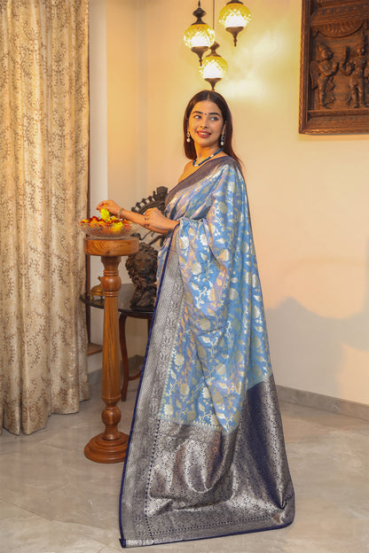 Lilac and Blue Katan Banarasi Silk Saree