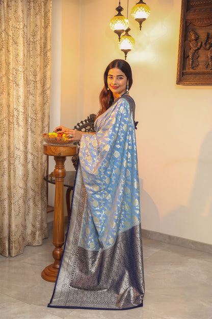 Lilac and Blue Katan Banarasi Silk Saree