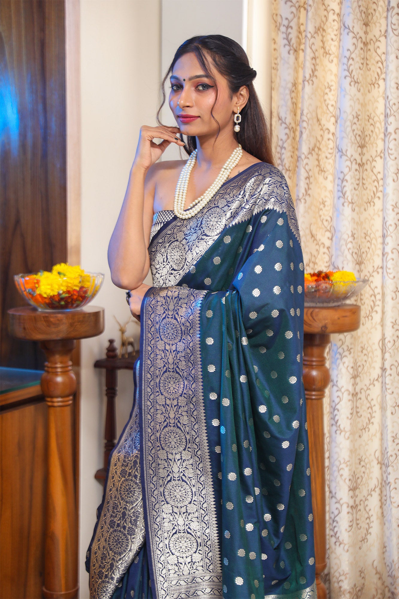 Peacock Green and Blue Katan Banarasi Silk Saree