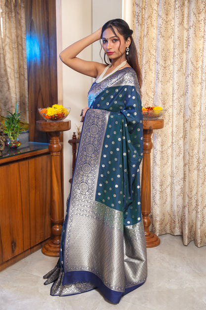 Peacock Green and Blue Katan Banarasi Silk Saree