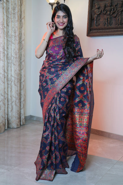 Patola Pattern Blue Muga Silk Saree