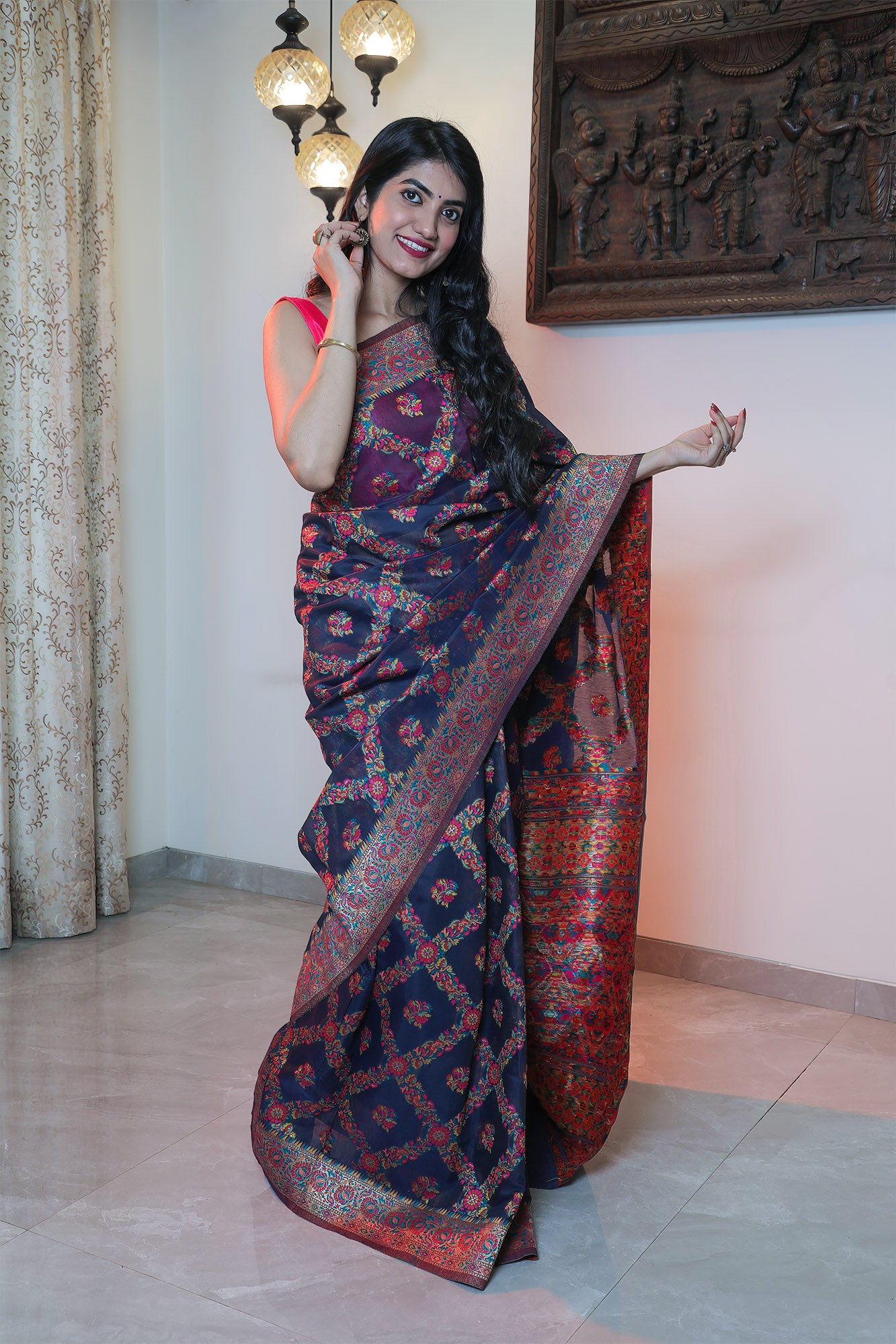 Patola Pattern Blue Muga Silk Saree