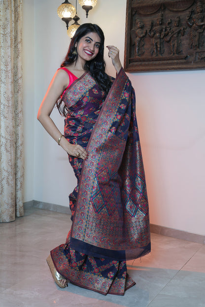 Patola Pattern Blue Muga Silk Saree