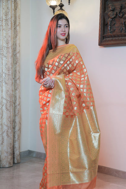 Orange Chanderi Silk Brocade Saree