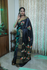 Load image into Gallery viewer, Black Tussar Saree with Zari Border
