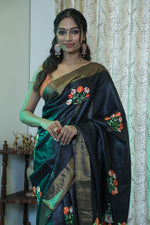 Load image into Gallery viewer, Black Tussar Saree with Zari Border
