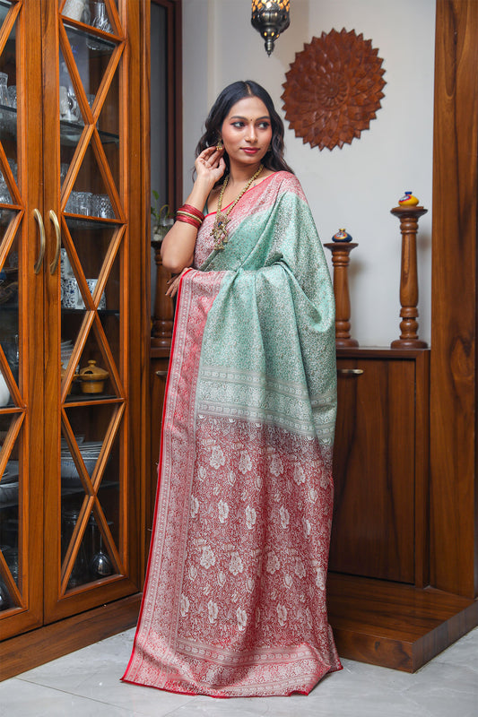 Red and Pastel Green Tanchoi Resham Silk Jamawar Saree