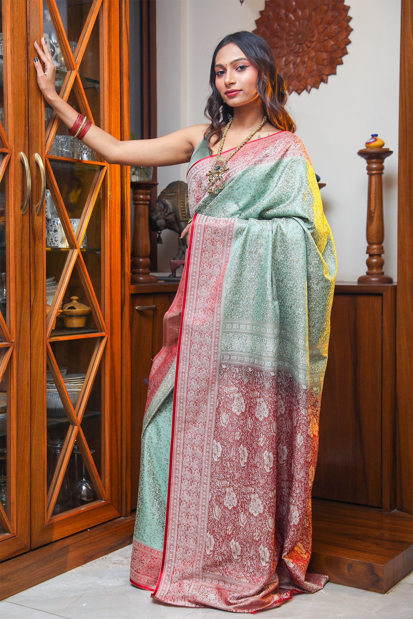 Red and Pastel Green Tanchoi Resham Silk Jamawar Saree