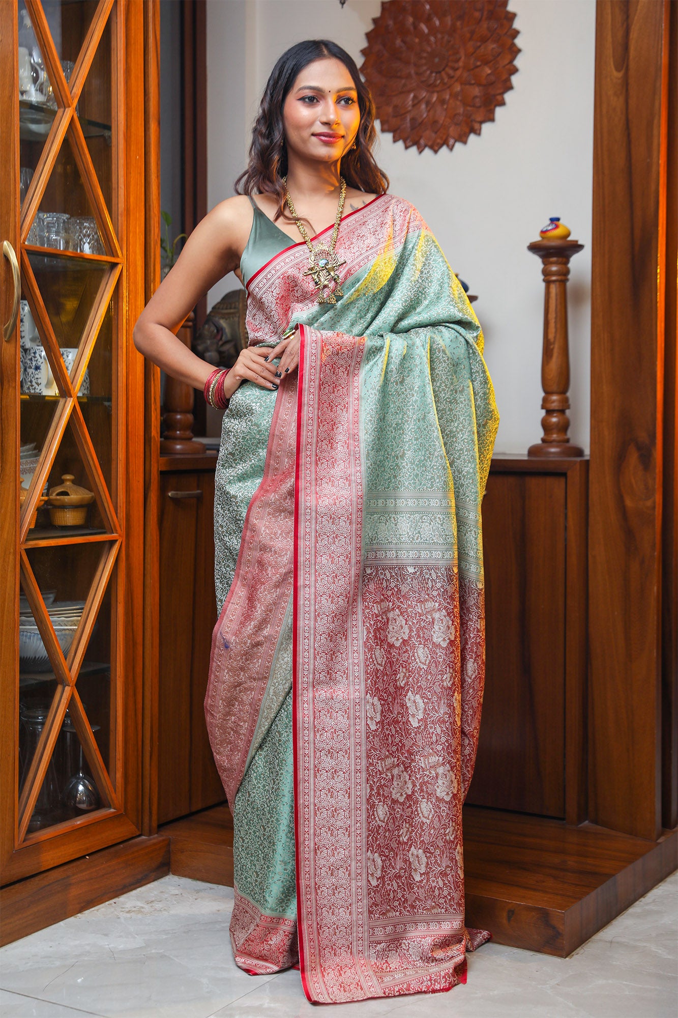 Red and Pastel Green Tanchoi Resham Silk Jamawar Saree