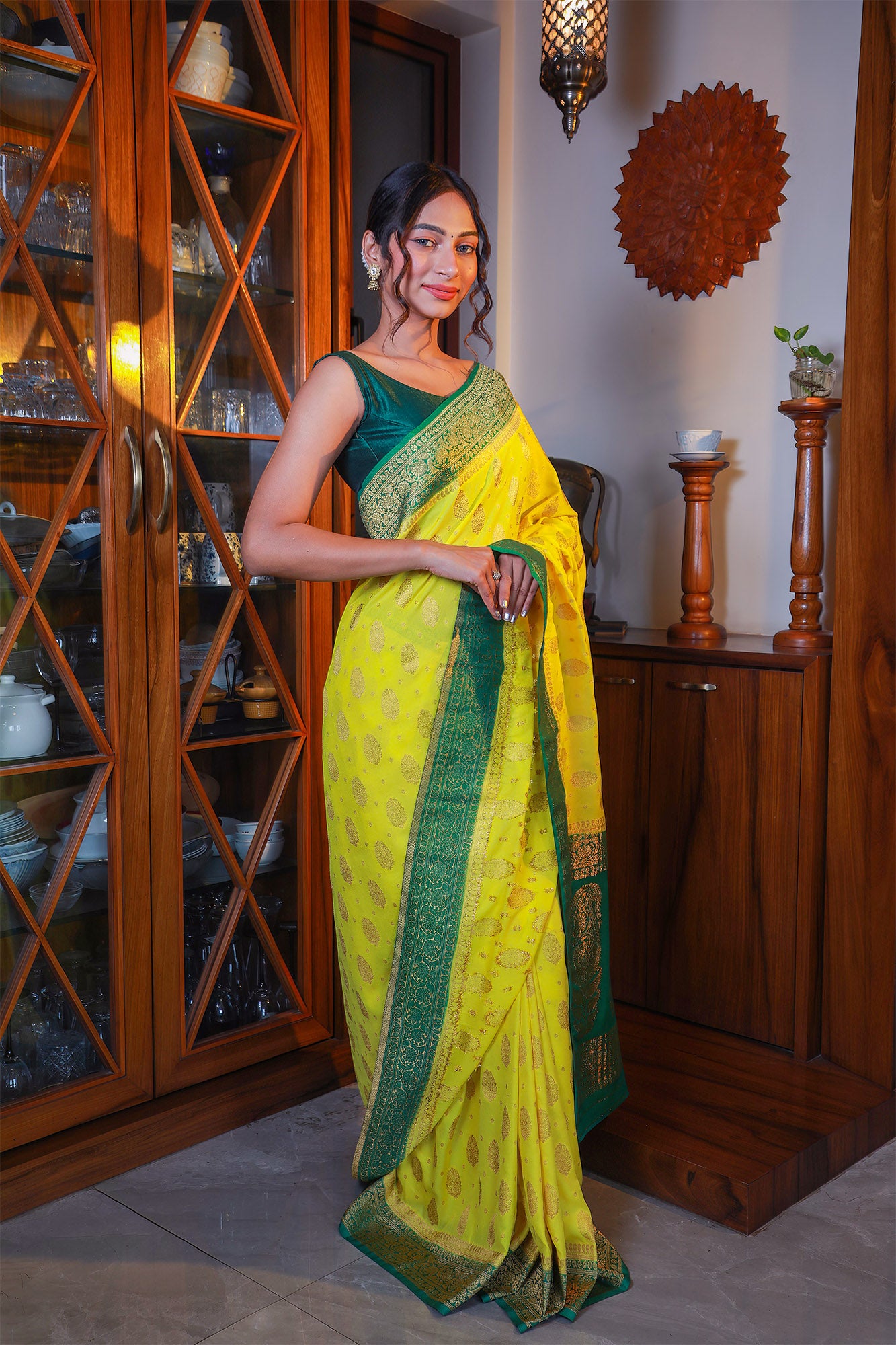 Lemon Yellow Georgette Zari Saree