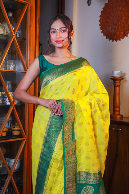 Lemon Yellow Georgette Zari Saree