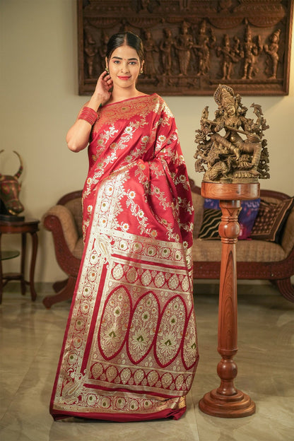 Deep Maroon Katan Banarasi Satin Silk Saree