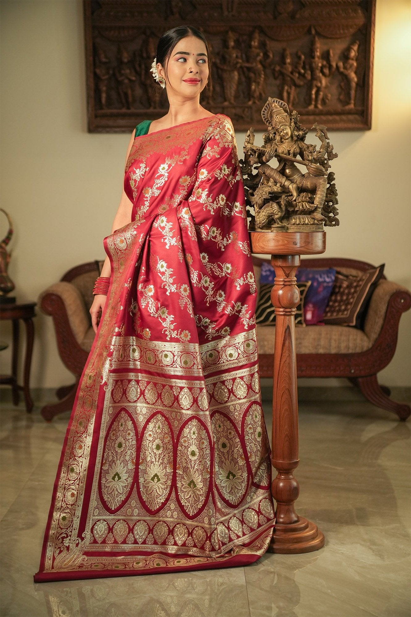 Deep Maroon Katan Banarasi Satin Silk Saree