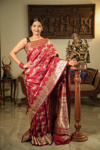 Deep Maroon Katan Banarasi Satin Silk Saree