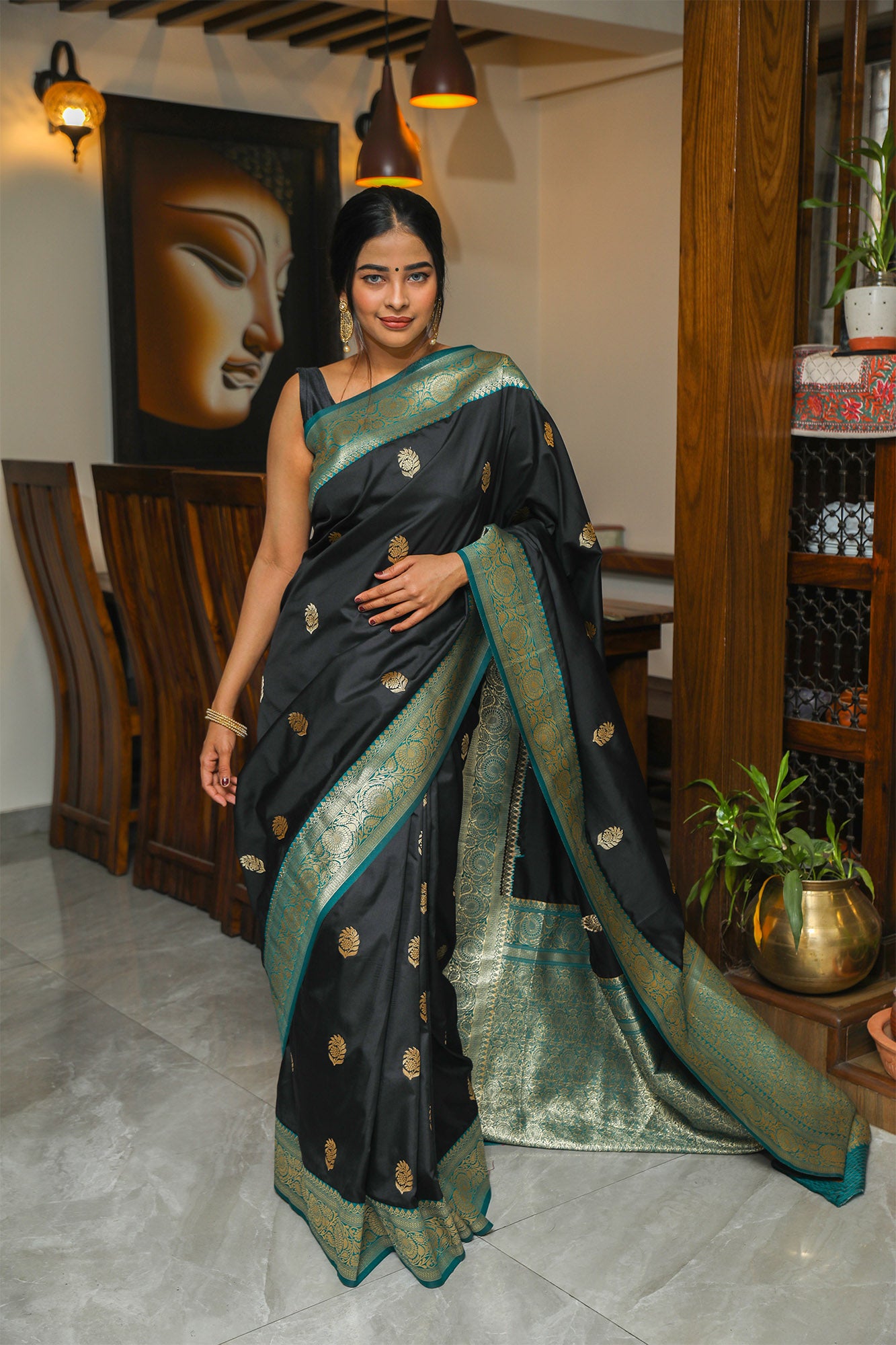 Black and Rama Green Mulberry Silk Saree