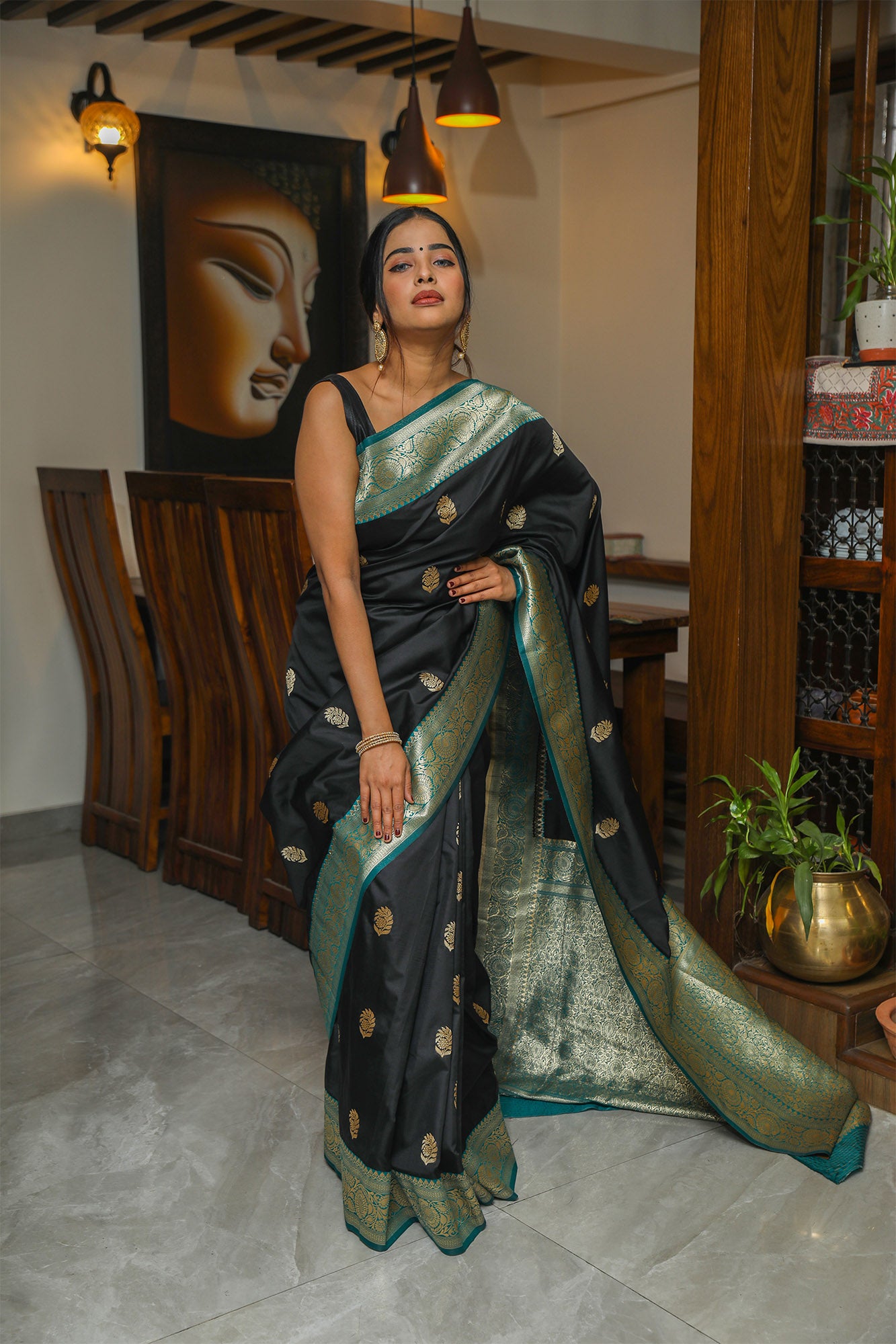 Black and Rama Green Mulberry Silk Saree