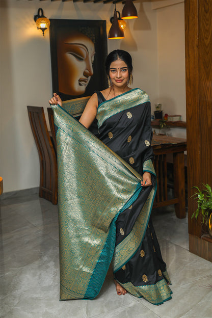 Black and Rama Green Mulberry Silk Saree