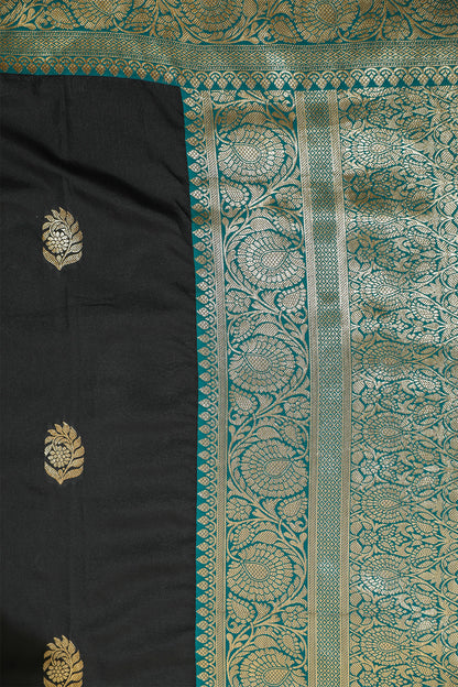 Black and Rama Green Mulberry Silk Saree