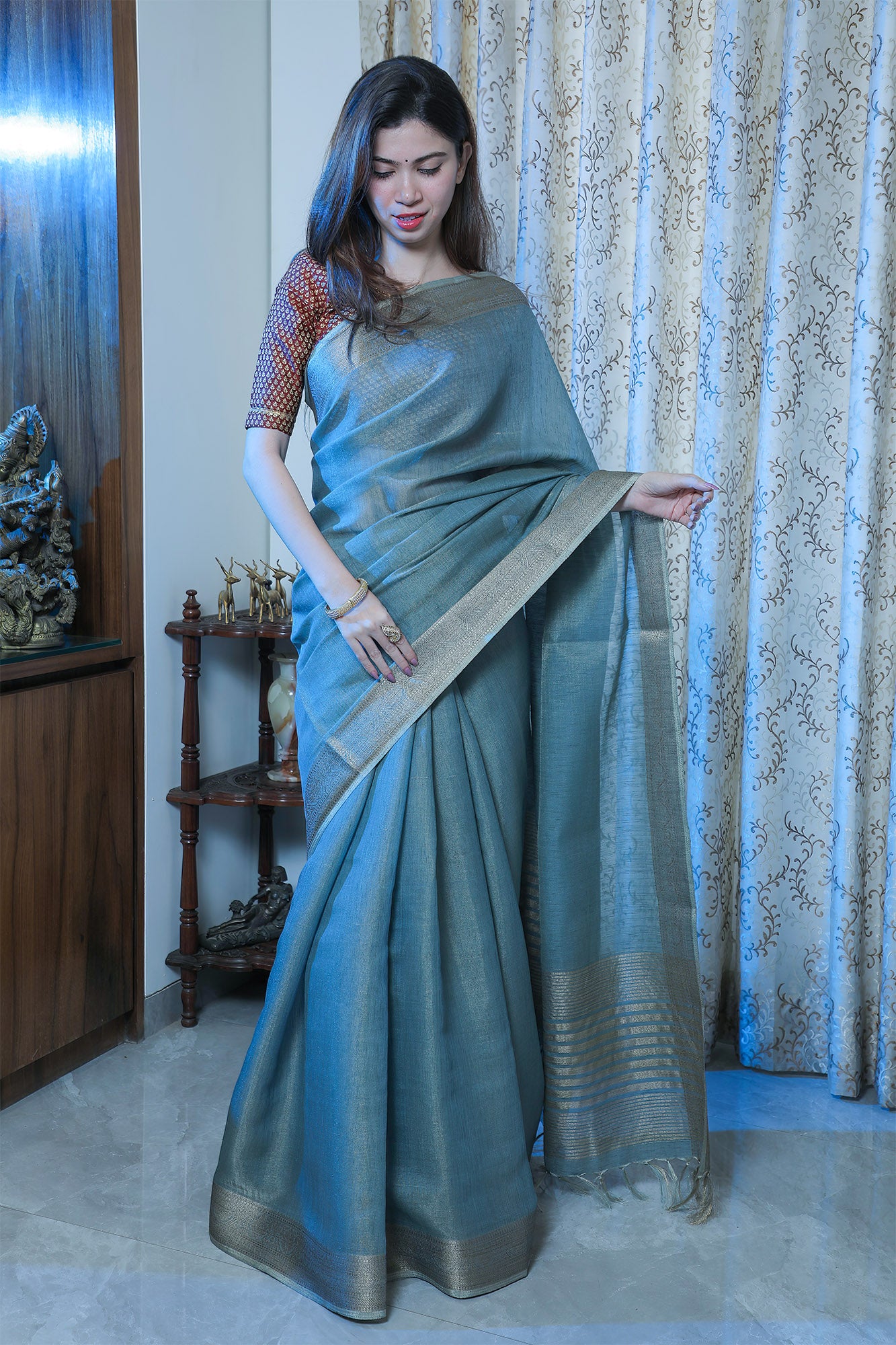 Bluish-Grey Cotton Tissue Saree