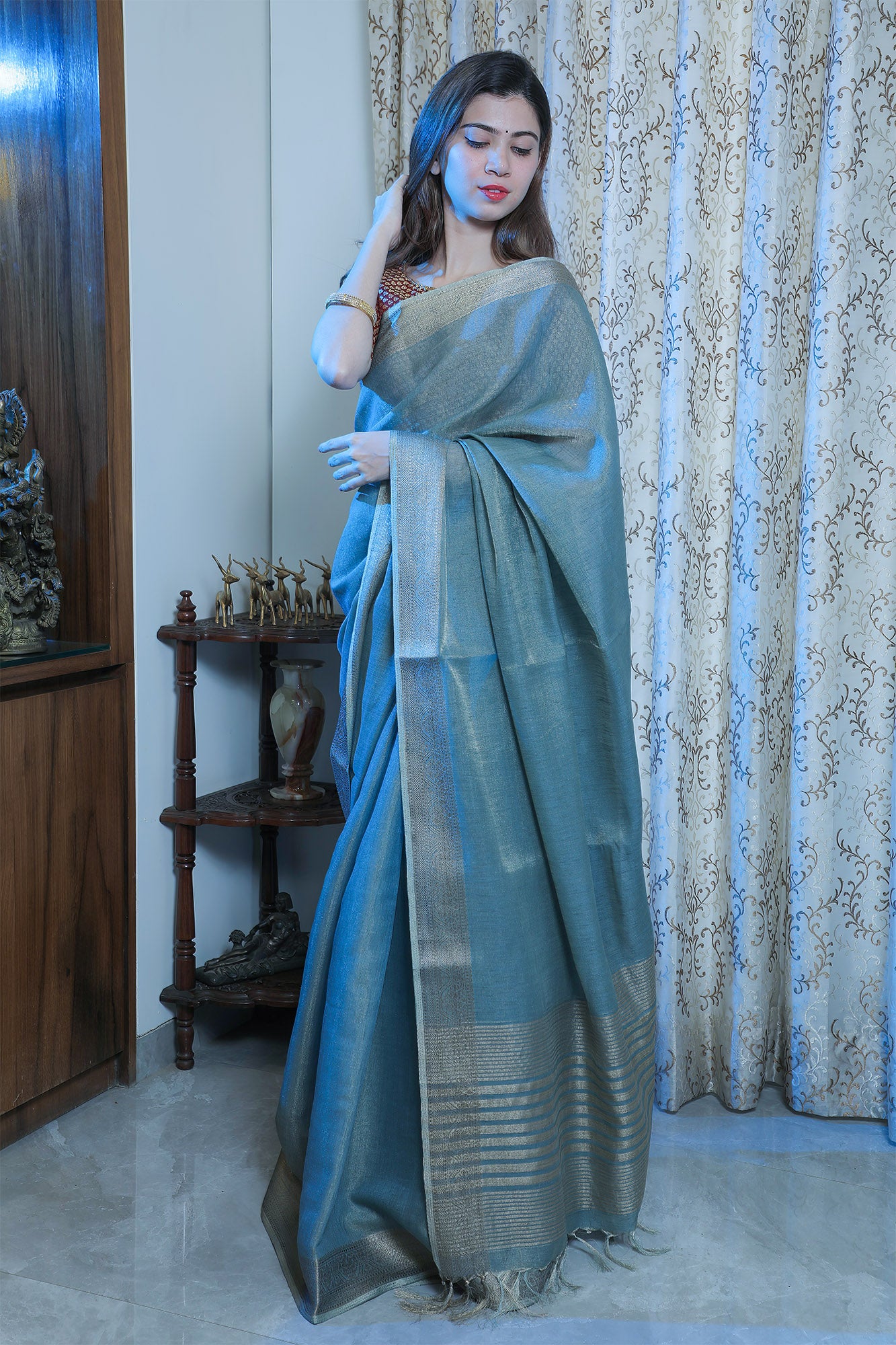 Bluish-Grey Cotton Tissue Saree