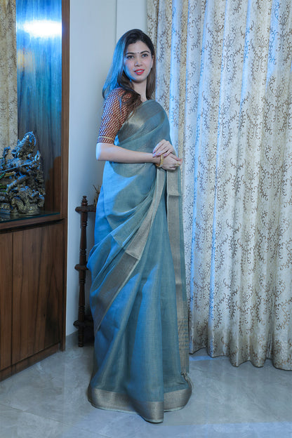 Bluish-Grey Cotton Tissue Saree