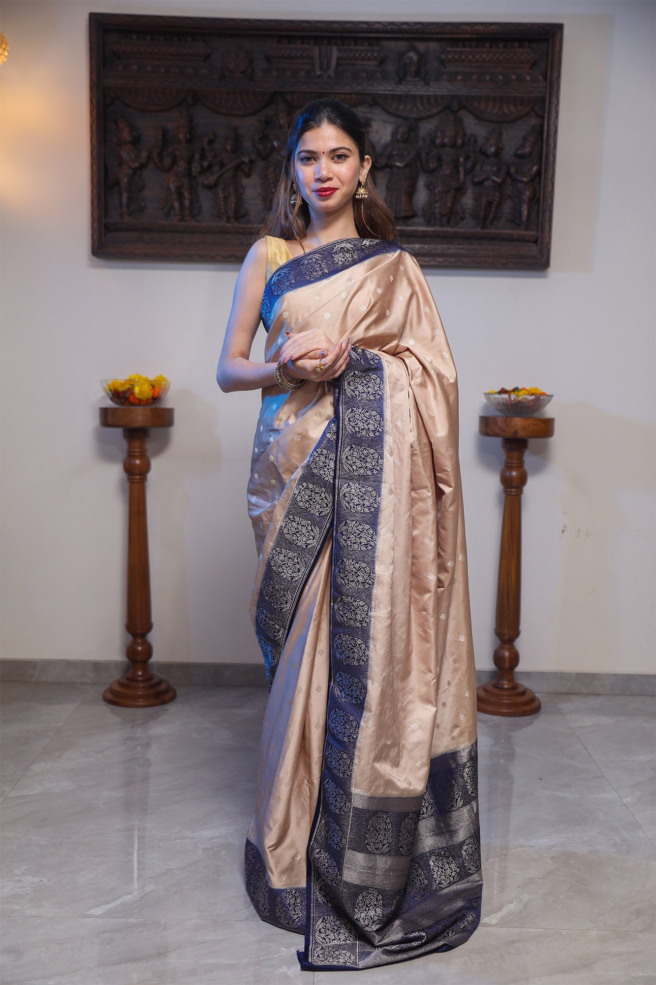 Creamy Brown and Blue Katan Satin Silk Saree