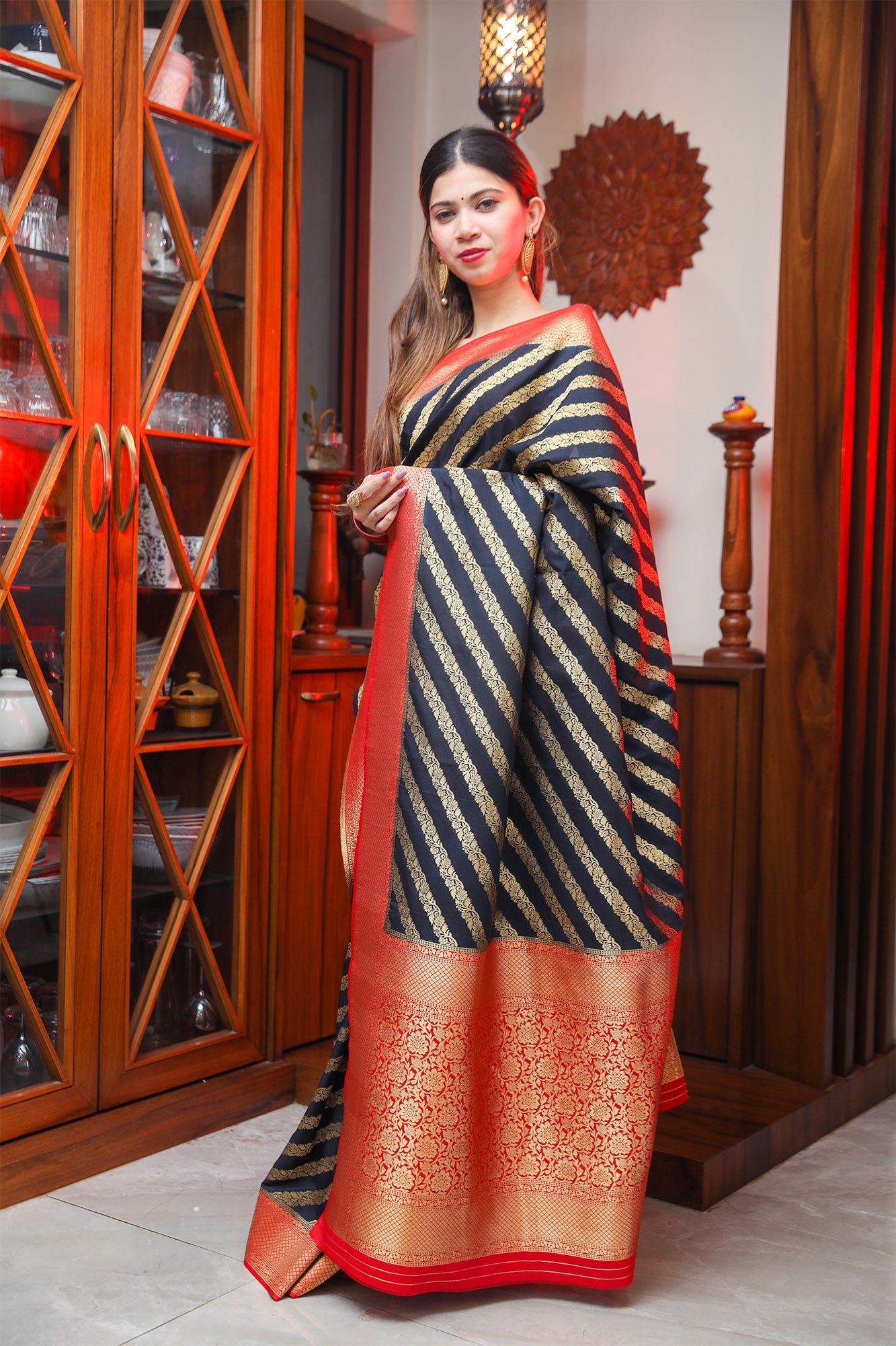 Blue and Red Katan Handloom Silk Saree