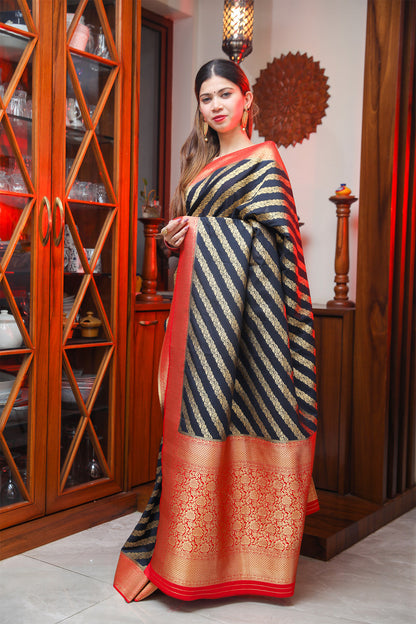 Blue and Red Katan Handloom Silk Saree