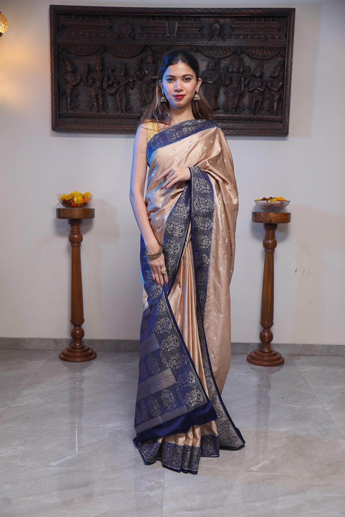 Creamy Brown and Blue Katan Satin Silk Saree