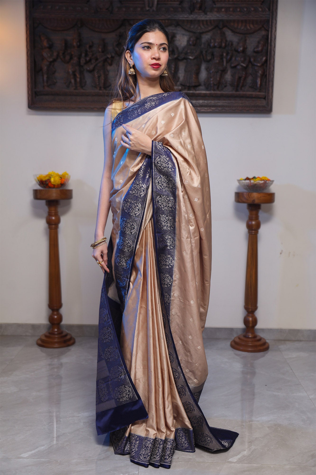 Creamy Brown and Blue Katan Satin Silk Saree