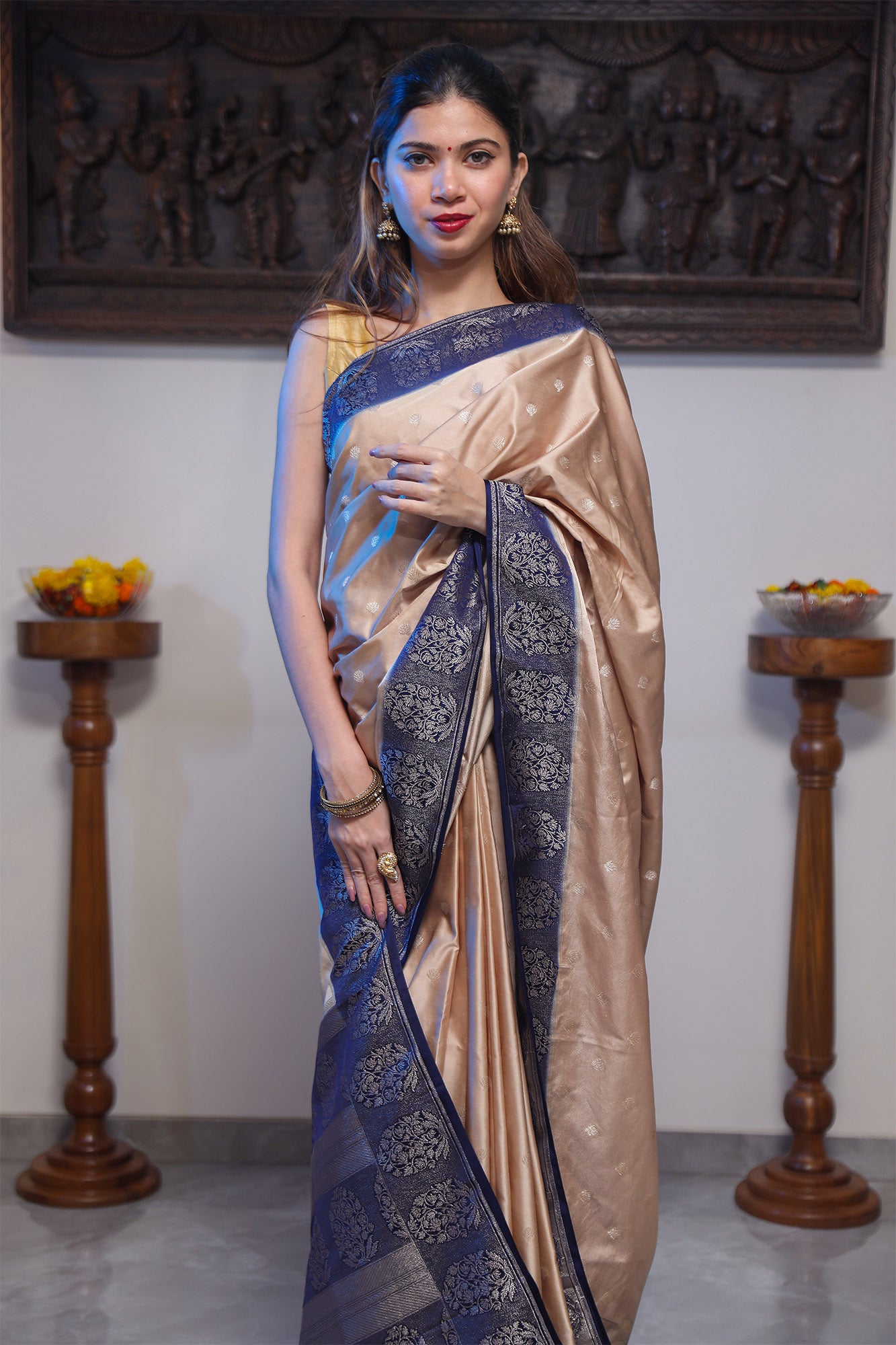 Creamy Brown and Blue Katan Satin Silk Saree