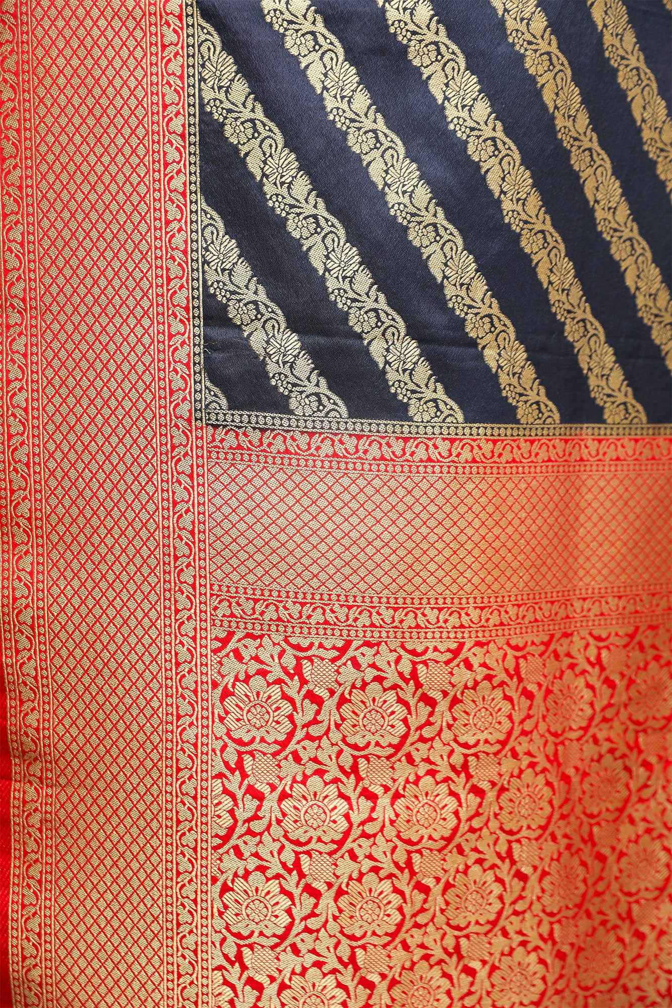 Blue and Red Katan Handloom Silk Saree