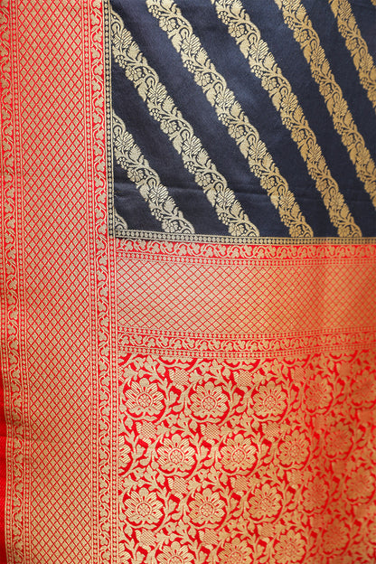 Blue and Red Katan Handloom Silk Saree