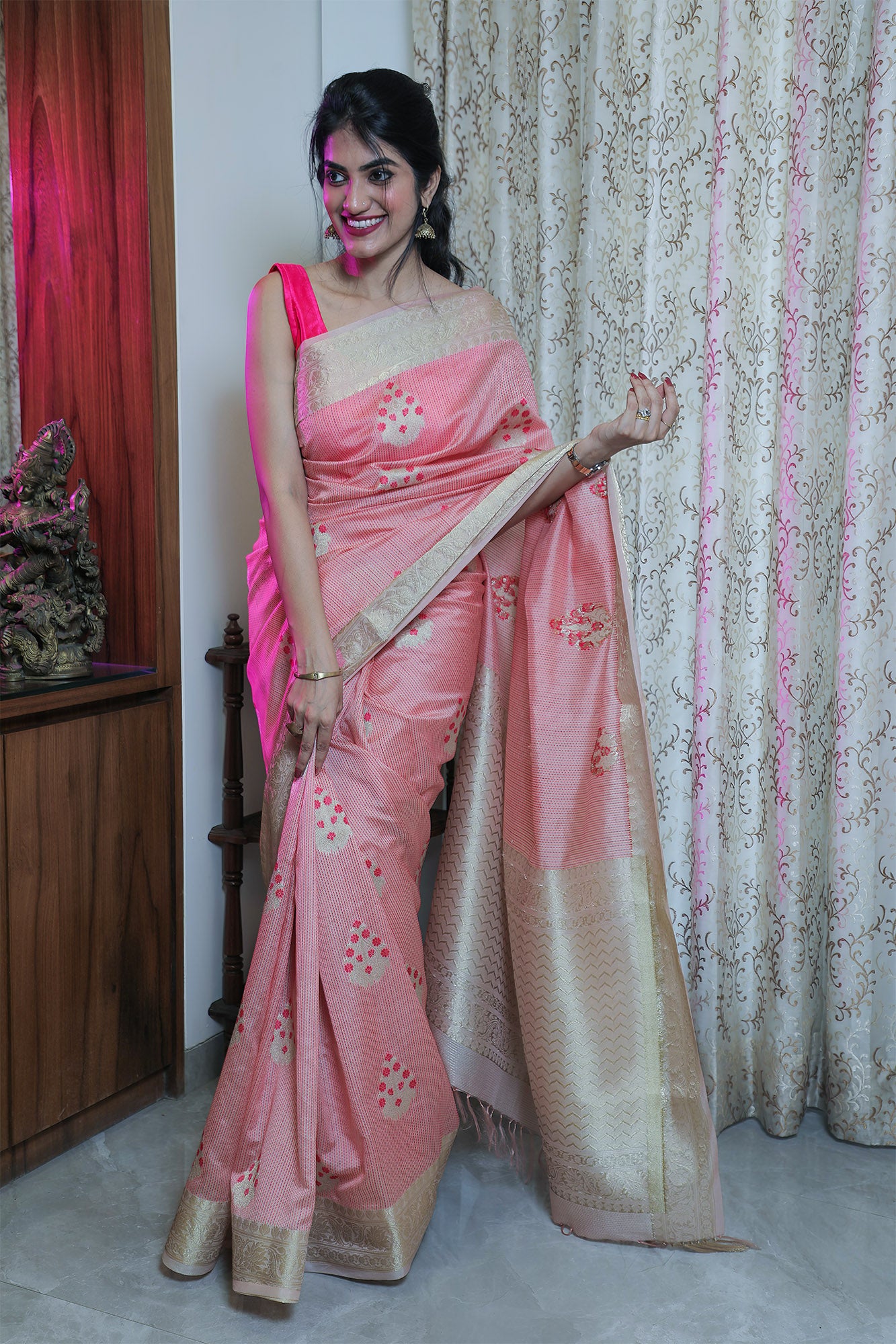 Pink Resham Silk Katha Weave Saree