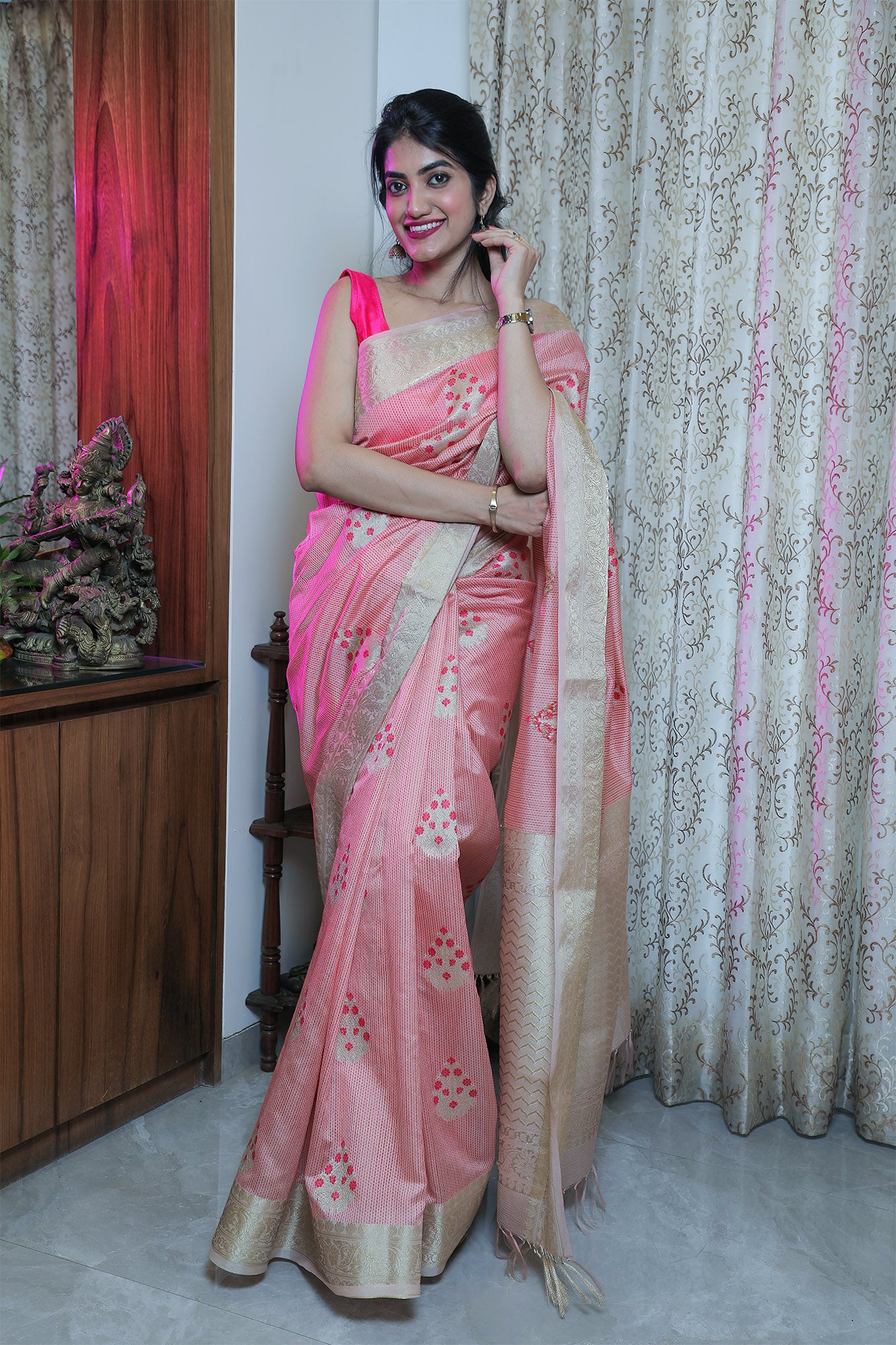 Pink Resham Silk Katha Weave Saree