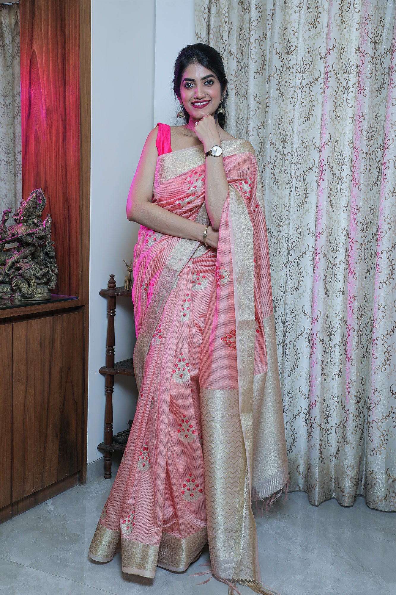 Pink Resham Silk Katha Weave Saree