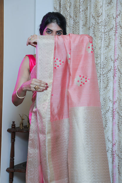 Pink Resham Silk Katha Weave Saree