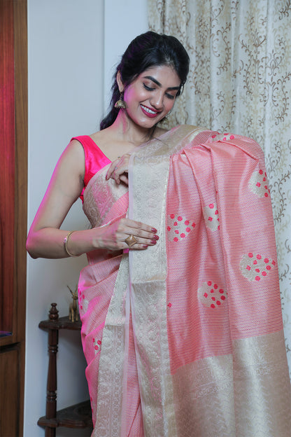 Pink Resham Silk Katha Weave Saree