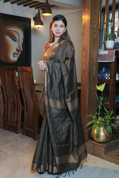 Greenish Brown Moonga Silk Saree