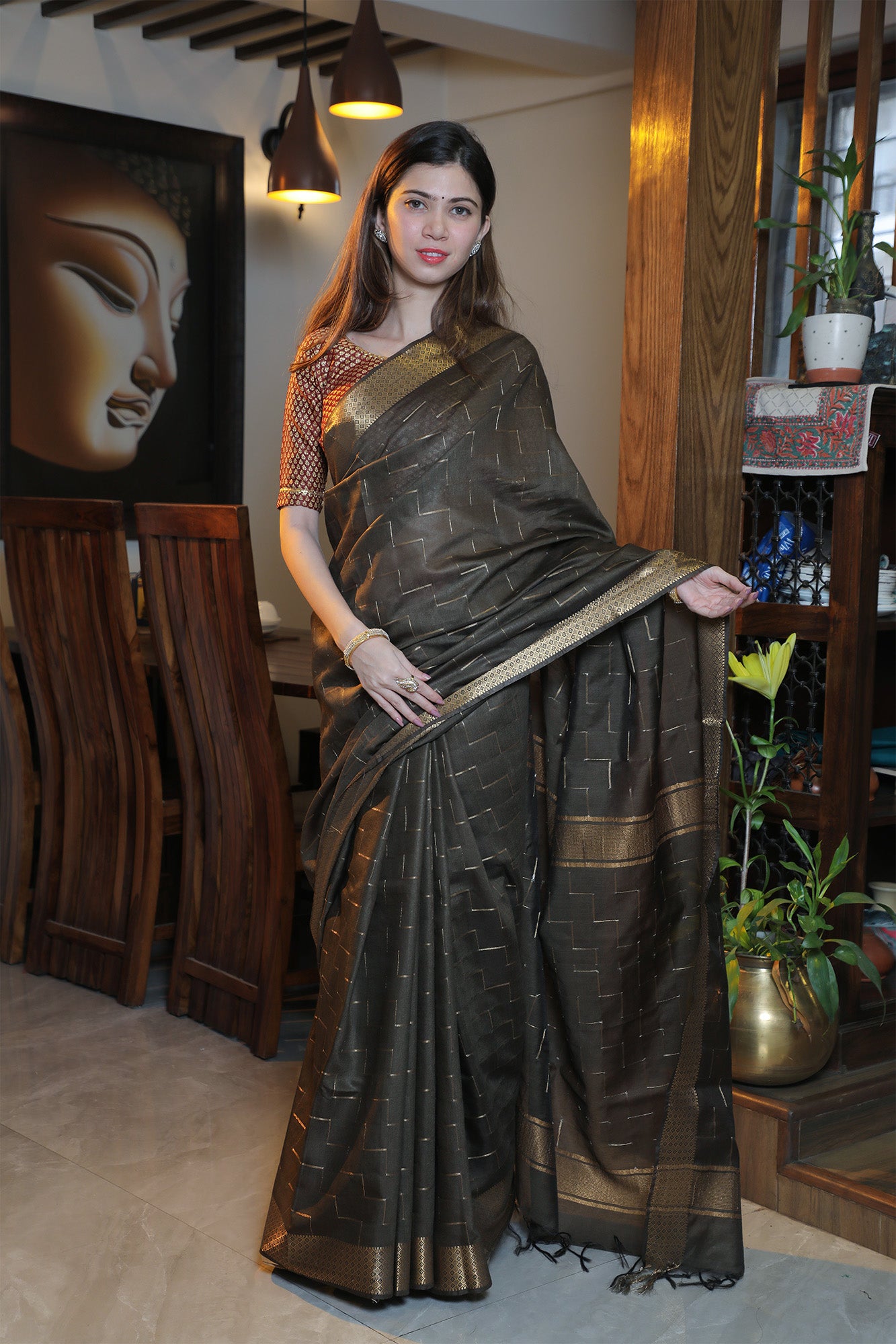 Greenish Brown Moonga Silk Saree