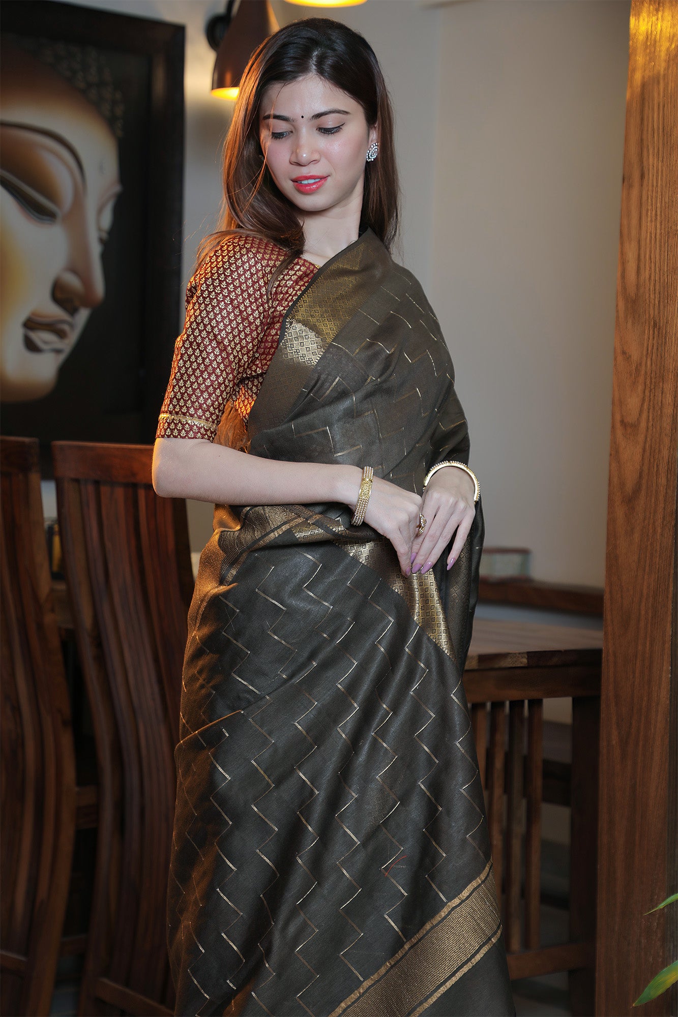 Greenish Brown Moonga Silk Saree